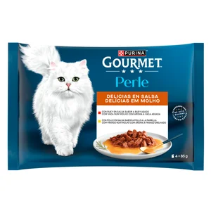 PURINA Gourmet perle Comida para gatos húmeda a base de pollo (2) o buey con salsa rosbif (2) 4 x 85 g