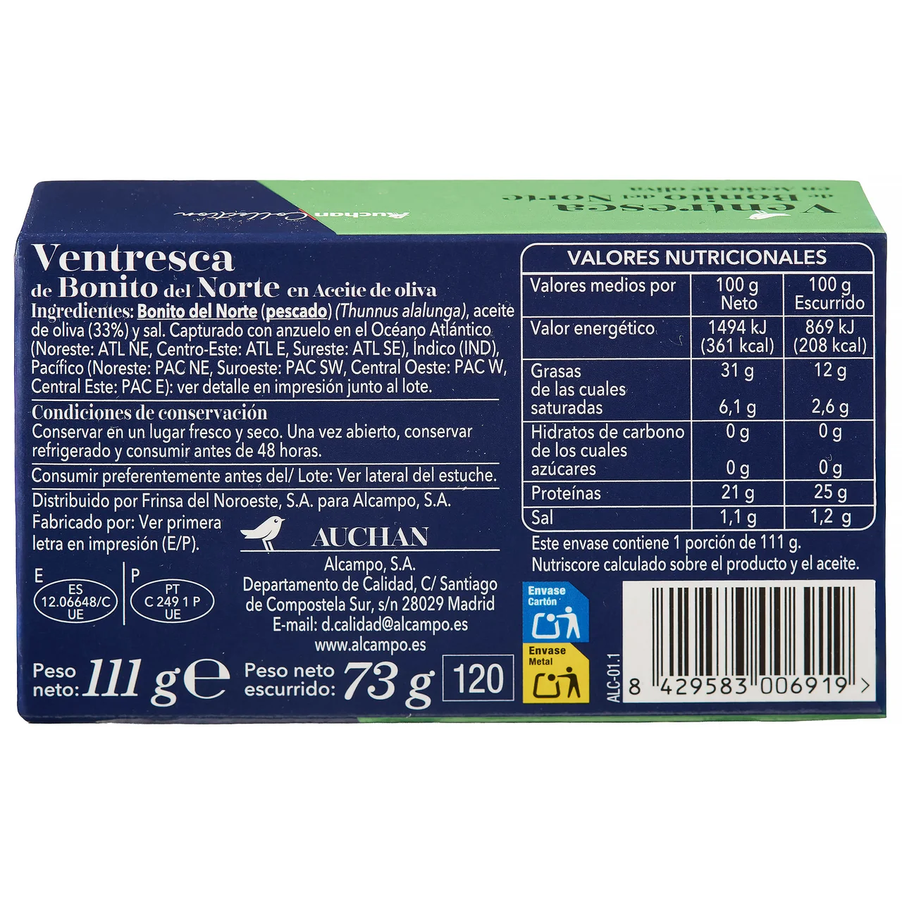 PRODUCTO ALCAMPO Collection Ventresca de bonito en aceite de oliva 111 g.