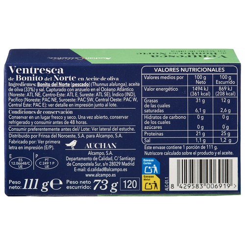 AUCHAN COLLECTION Ventresca de bonito en aceite de oliva 111 g.