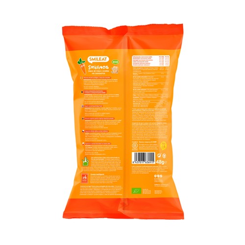 SMILEAT Smilitos Snack horneado ecológico de maiz y avena con zanahoria, a partir de 8 meses 48 g.