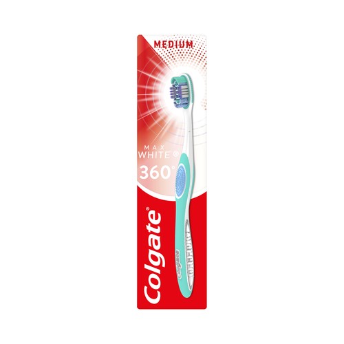 COLGATE 360º Max white one Cepillo de dientes medio, que ayuda prevenir la acumulación de bacterias.
