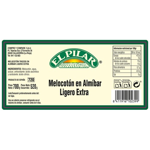 EL PILAR Melocotón en almíbar 520 gr.
