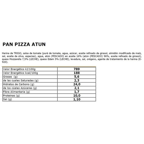 LA NIÑA DEL SUR Pan pizza de salsa de tomate, mezcla de quesos y atún 180 g.
