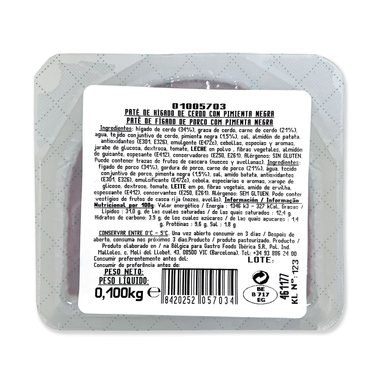 Paté tradicional a la pimienta negra, elaborado sin gluten 100 g.