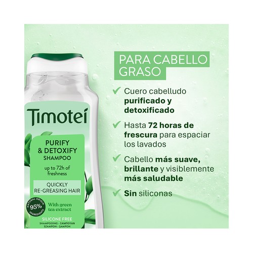 TIMOTEI Champú purificante y detox, con coco y sin siliconas, para cabellos grasos 300 ml.