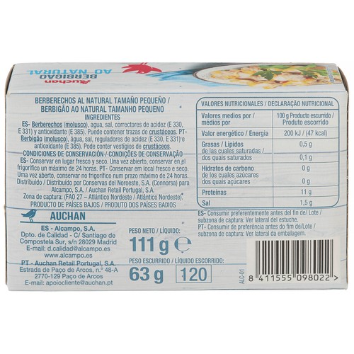 PRODUCTO ALCAMPO Berberechos pequeños al natural  60/80 lata de 63 g