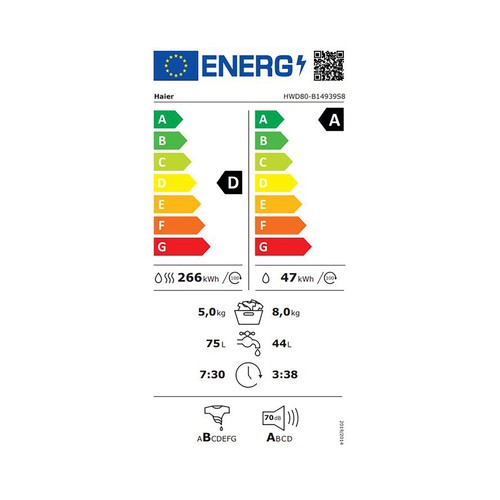 Lavadora secadora HAIER HWD80B14939S8-IB, lavado/secado: 8KG/5KG, clasificación energética: A, 1400RPM, H: 85cm, A: 60cm,F: 53cm.