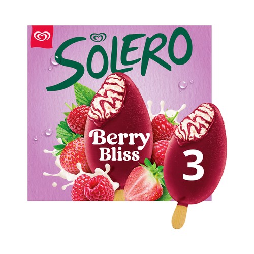 SOLERO Berry bliss Helado de vainilla cubierto de sorbete de frambuesa y fresa 3 x 90 ml.