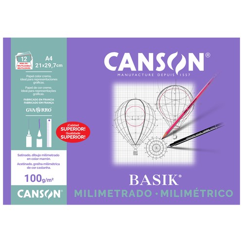Cuaderno papel dibujo 21x29.7 milimetrado 12 hojas. CANSON