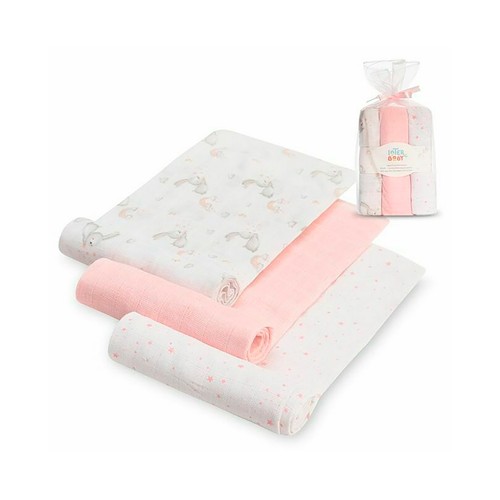 Pack de 3 gasas, diseño de conejitos y estrellas, color rosa, INTERBABY.
