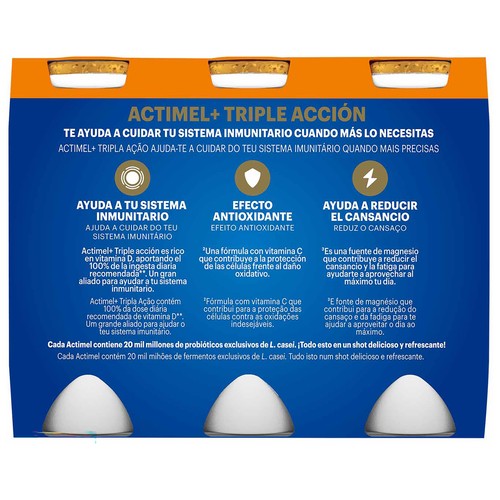 ACTIMEL + de Danone Leche fermentada con Lcasei y sabor a melocotón, fresa, naranja y albaricoque 6 x 100 g.