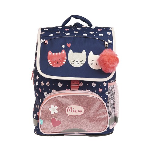 Mochila de 38cm con solapa, varios compartimentos, gatos, ALCAMPO.