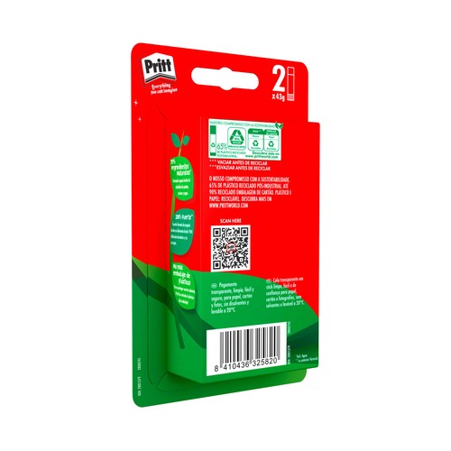 Pack de 2 barras de pegamento de 43g sin disolventes, PRITT MAXI.