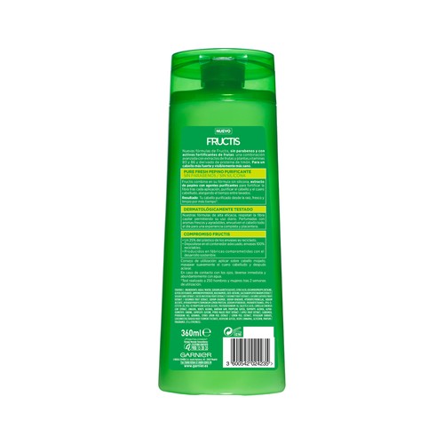 FRUCTIS Pure fresh de Garnier Champú fortificante sin parabenos ni silicona, para cabello graso 360 ml.