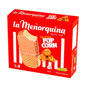 LA MENORQUINA Sandwich de helado de nata con palomitas de maiz con caramelo 3 x 160 ml.