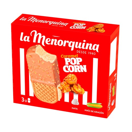 LA MENORQUINA Sandwich de helado de nata con palomitas de maiz con caramelo 3 x 160 ml.