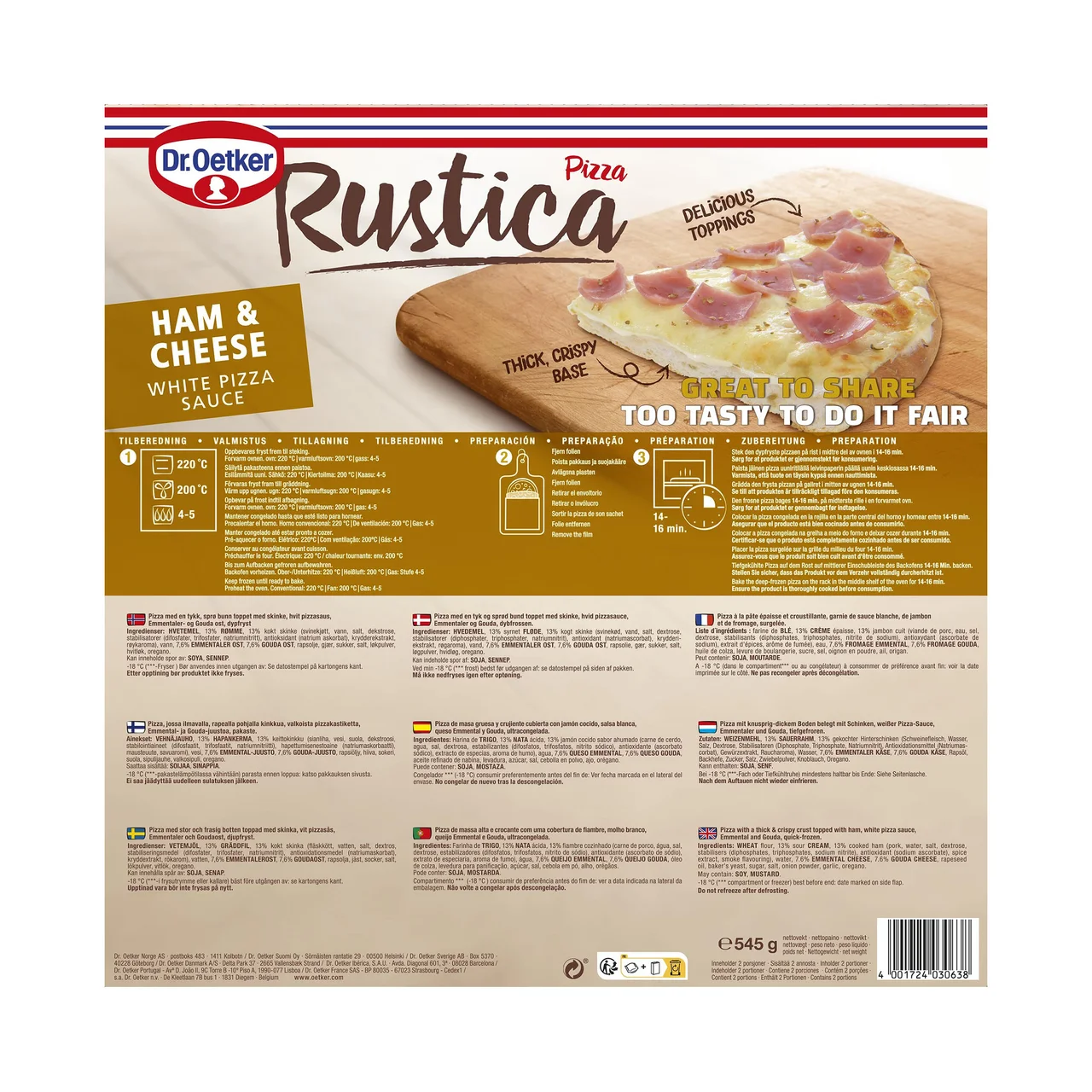 DR. OETKER Rustica Pizza de masa gruesa con jamón cocido, salsa blanca, Emmental y Gouda 545 gg.