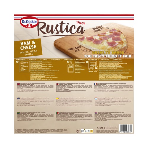 DR. OETKER Rustica Pizza de masa gruesa con jamón cocido, salsa blanca, Emmental y Gouda 545 gg.