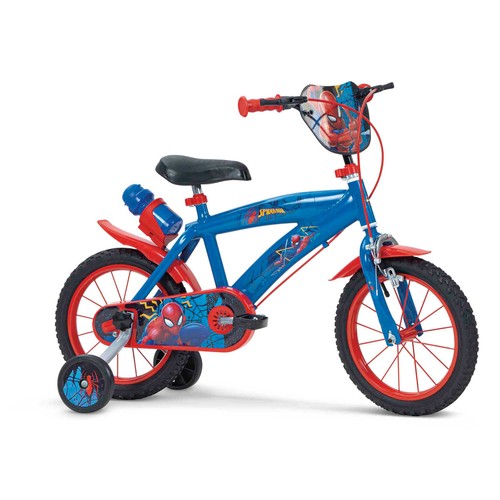 Bicicleta infantil de 14" con cesta, portabotellas y botella SPIDERMAN