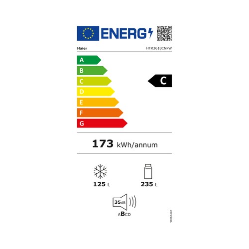 Frigorífico combi 185cm HAIER HTR3618CNPW blanco, NO FROST, clasificación energética: C, H: 185cm, A: 59,5cm, F: 66,7cm, capacidad total: 360L.
