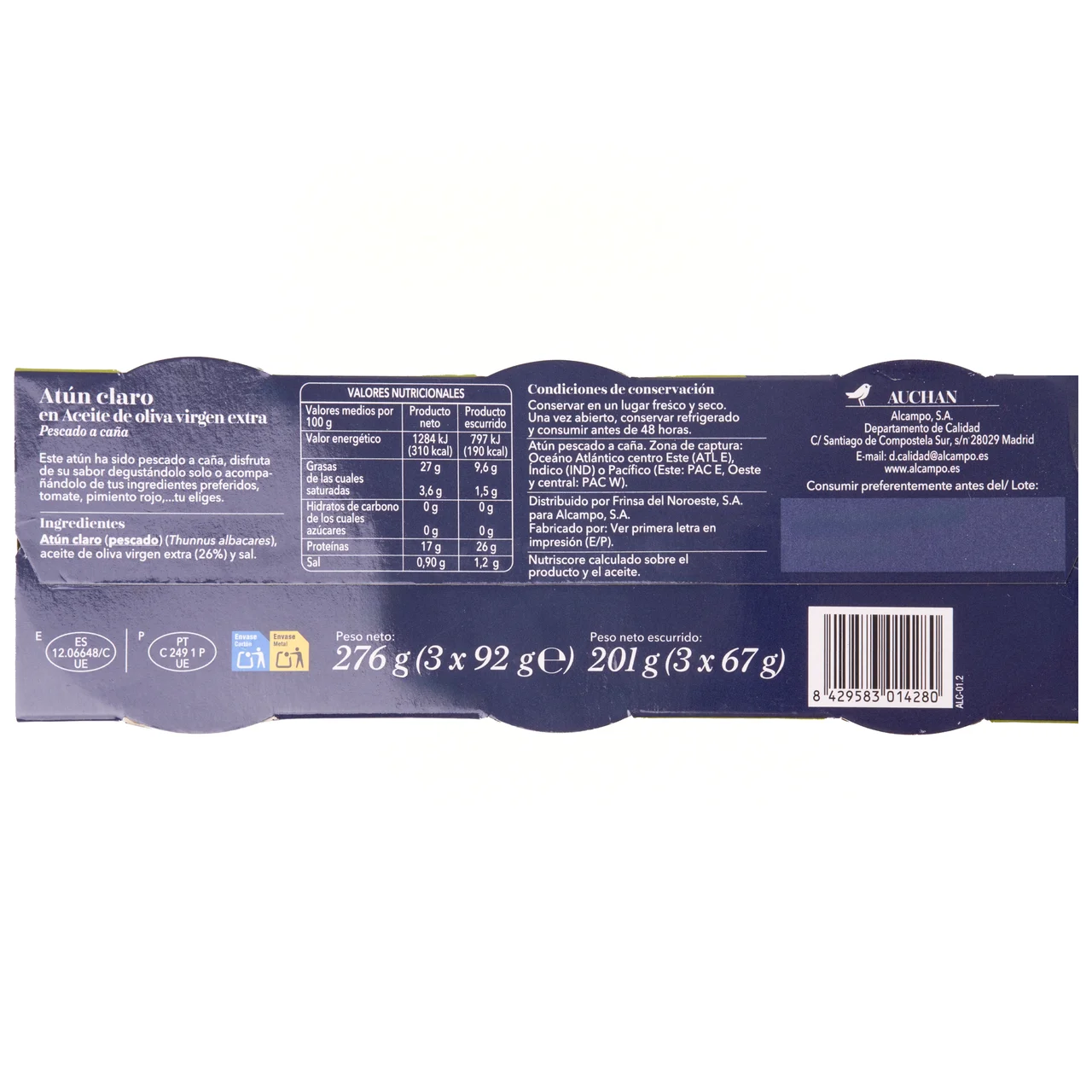 PRODUCTO ALCAMPO Collection Atún claro, en aceite de oliva virgen extra 3 x 92 g.