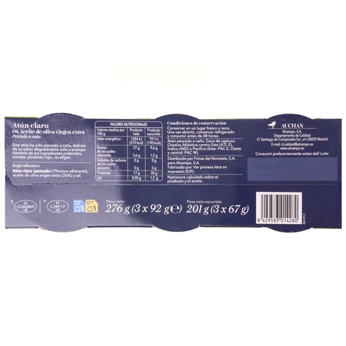AUCHAN COLLECTION Atún claro, en aceite de oliva virgen extra 3 x 92 g. Producto alcampo