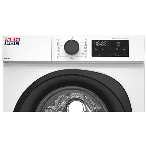 Lavadora NEW POL NWL712A Color blanco 7KG, clasificación energética: A, 1200RPM, H: 85cm, A: 59,5cm, F: 44cm.