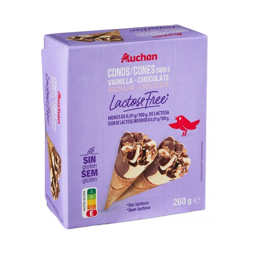 AUCHAN Conos de helado de nata y chocolate, sin gluten y sin lactosa 4 x 120 ml Producto Alcampo.
