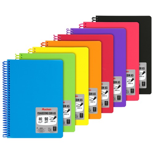Cuaderno A5 polipropileno 80h 90gr, rayado 7mm espiral surtido. AUCHAN