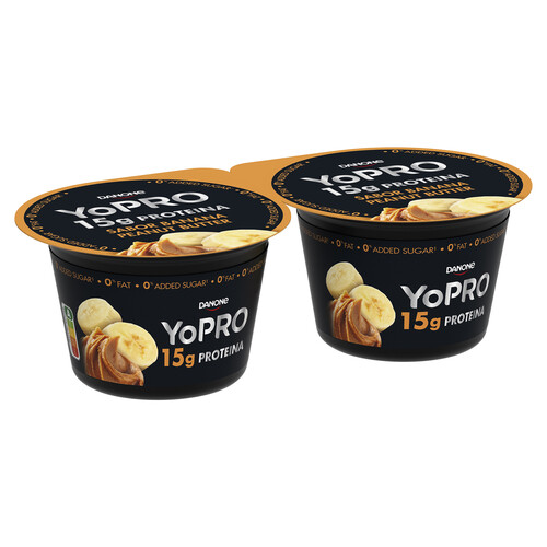 YOPRO Yogur con sabor a plátano y mantequilla de cacahuete, proteínas y sin azúcares añadidos ni grasa de Danone 2 x 160 g.