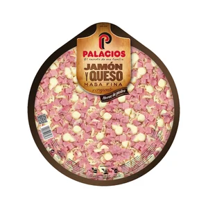PALACIOS Pizza de jamón y queso, con masa fina y crujiente PALACIOS 405 g.