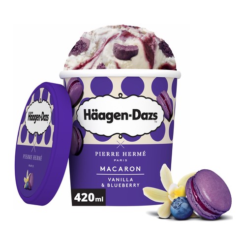 HÄAGEN-DAZS Pierre hermé Tarrina de helado de vainilla y arándanos con trocitos de macarons 420 ml.