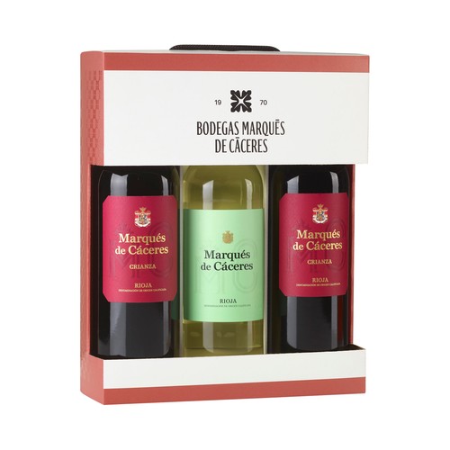 Estuche con 2 botellas de vino tinto crianza y 1 de vino blanco con denominación de origen calificada Rioja MARQUÉS DE CÁCERES.