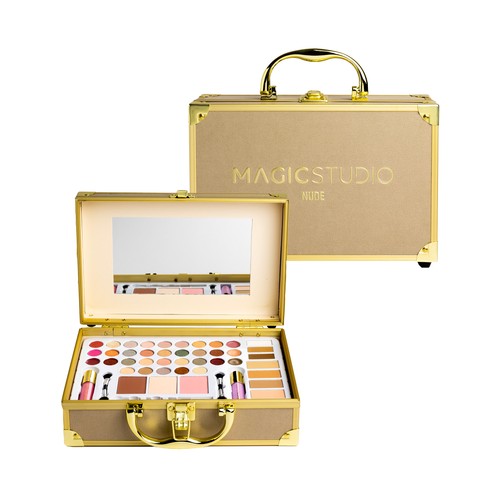 MAGIC STUDIO Nude Maletin con espejo y productos de maquillaje.