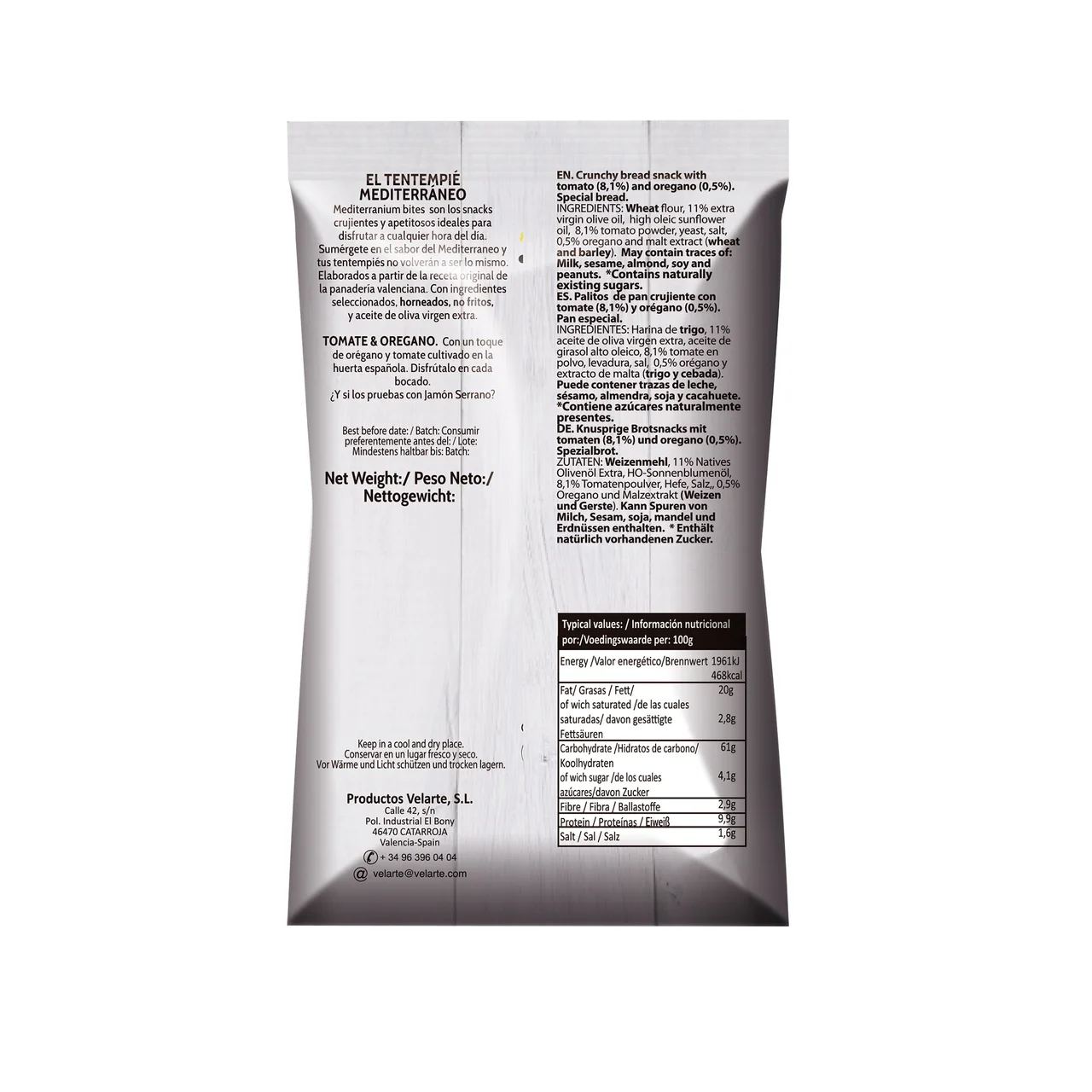 Mediterraneum Bites Snack palitos de pan crujiente con sabor a tomate y orégano 80 g.