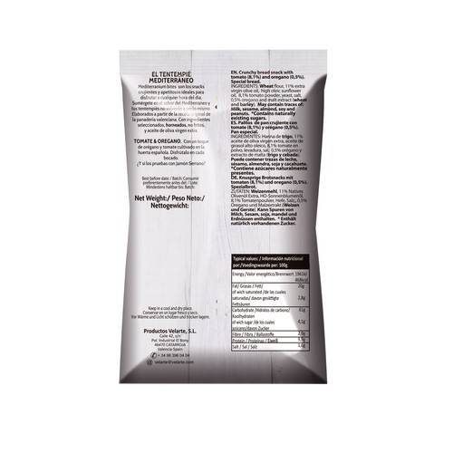 VELARTE Mediterraneum Bites Snack palitos de pan crujiente con sabor a tomate y orégano 80 g.