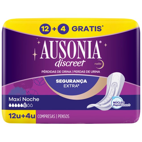 AUSONIA Compresas maxi noche para pérdidas de orina moderadas a severas AUSONIA Discreet 16 uds.