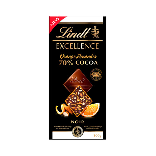 LINDT Excellence Chocolate negro 70 % cacao con naranja y almendras 100 g.