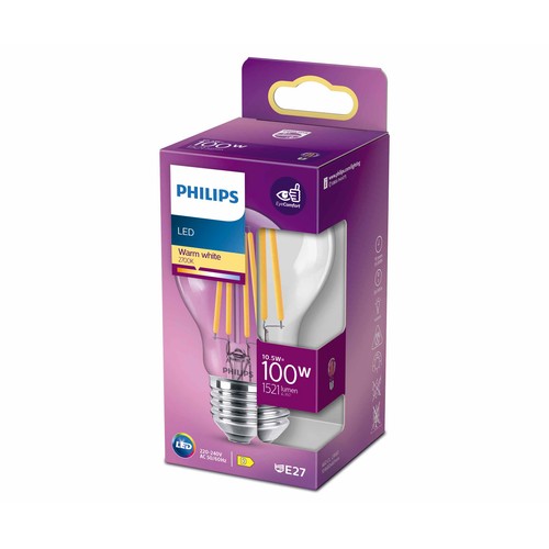 Bombilla Led E27, 10,5W=100W, luz cálida 2700K, 1521lm, PHILIPS.