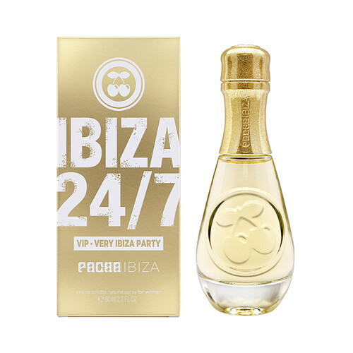 Eau de toilette para mujer con vaporizador en spray y forma de benjamin de champagne PACHA Ibiza 24/7 vip 80 ml.