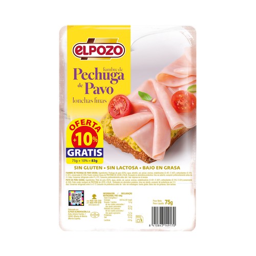 ELPOZO Fiambre de pechuga de pavo cocida cortada en finas lonchas 75 g.