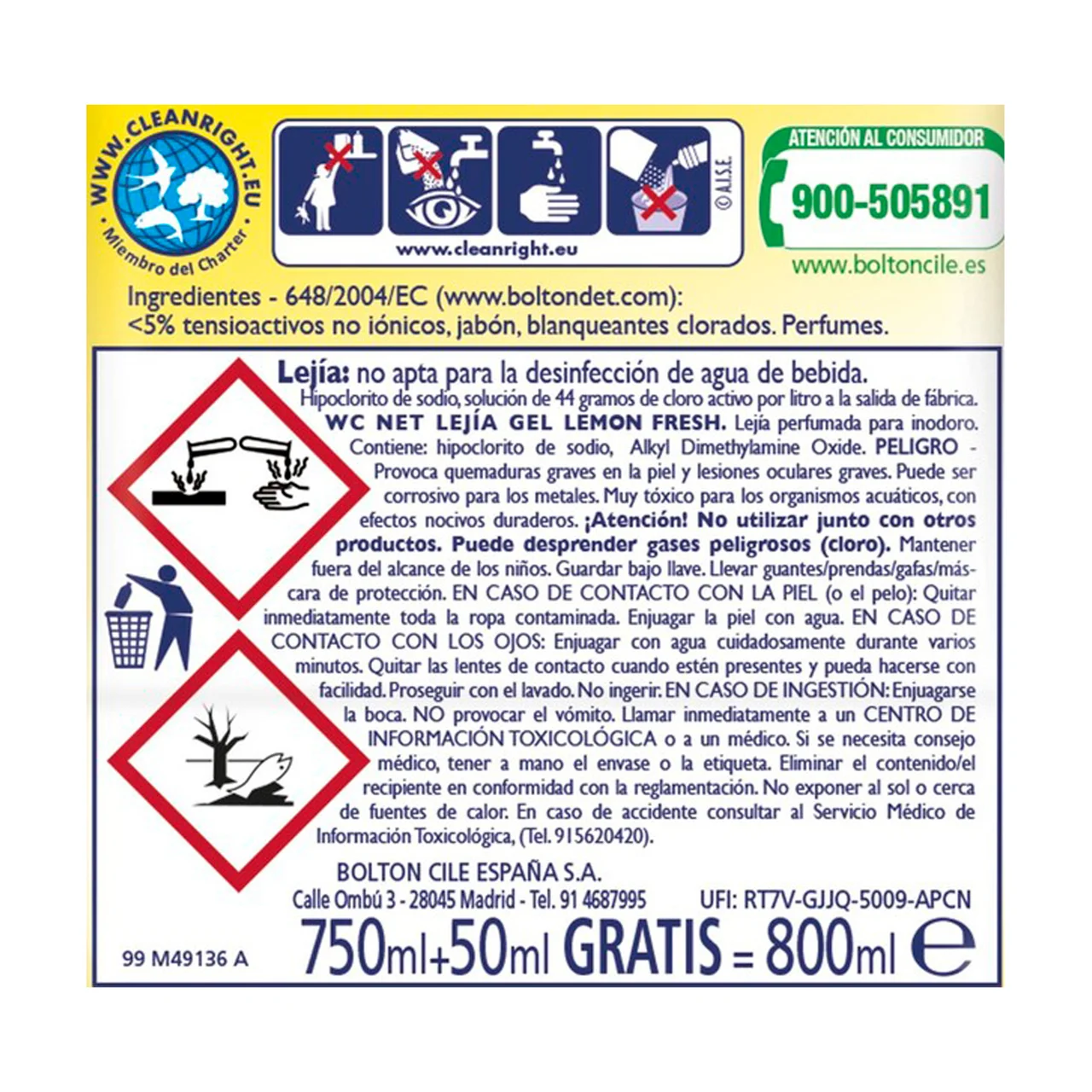 WC NET Gel limpiador WC blanco extra 750 ml.
