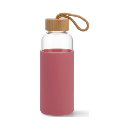 Botella de vidrio 0,5 litros con funda de silicona color rosa y tapa de bambú QUID.