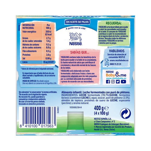 YOGOLINO de Nestlé Postre lácteo de plátano adaptado para bebés, desde 6 meses 4 x 100 g.