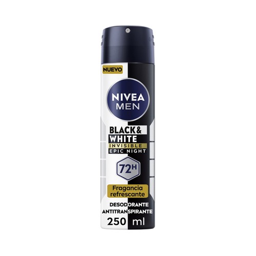 NIVEA Black & white invisible epic night Desodorante en spray para hombre, antitranspirante 72 horas 250 ml.