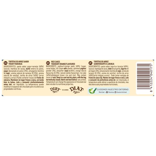 DIAT RADISSON Tortitas de arroz con sabor a yogur y naranja 100 g.