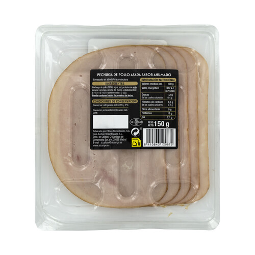 ALCAMPO GOURMET Pechuga de pollo asada sabor ahumado, cortada en lonchas ALCAMPO GOURMET 150 g.