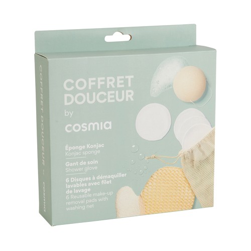 COSMIA Estuche con esponja Konjac, discos desmaquillates lavables (6 uds) y guante exfoliante.