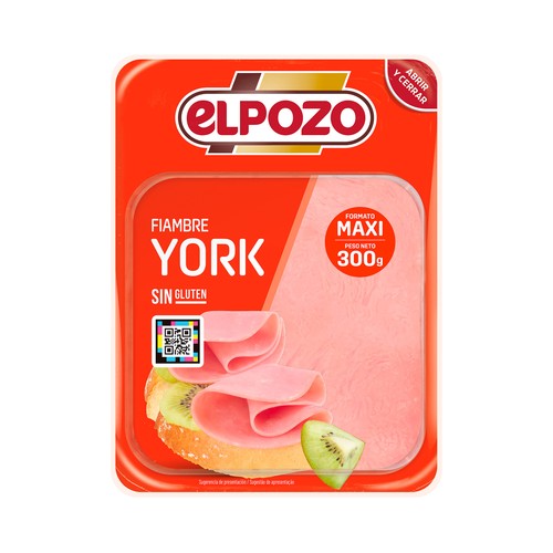 Fiambre York loncha especial para sándwich, elaborado sin gluten EL POZO 375 g.