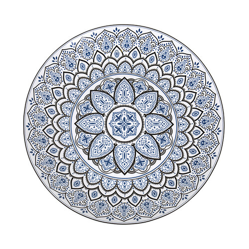Plato de postre redondo de porcelana con diseño Mandalas en tonos azules, 19cm., SANTA CLARA.